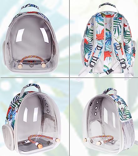 Bird Traval Carrier Cage, Clear Space Capsule Astronaut Backpack to Carry Parakeet Cockatiel Parrot with Metal Tray Wooden Perch and Bird Feeder, Vet Transport Book Bag Floral Printed - color: Floral