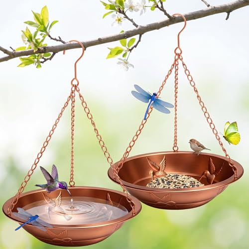 2 Pcs Hanging Bird Bath for Outside, 11.5" Antique Copper Metal Bird Feeder Birdbath Bowl with Rust-Proof Chains Simulated Dragonfly for Outdoor Garden Backyard Patio Yard Decor