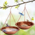 2 Pcs Hanging Bird Bath for Outside, 11.5" Antique Copper Metal Bird Feeder Birdbath Bowl with Rust-Proof Chains Simulated Dragonfly for Outdoor Garden Backyard Patio Yard Decor