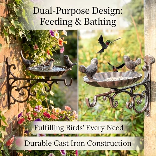 Cast Iron Bird Bath Feeder, Wall Mounted Bird Bath, Black Metal Garden Planter Hanger with Hanging Bracket, Wall Hook for Lanterns, Wind Chimes and More Garden Decorative Items