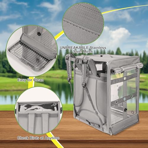 Bird Carrier Travel Cage, Cockatoo Carrier, Parrot Travel Backpack with Unbreakable Stainless Steel Mesh, Perch, Water Bottle and Food Bowl, X-Large Grey - color: Grey, size: 17.5"L x 14.8"W x 23.6"H