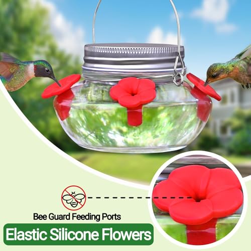 Hummingbird Feeders for Outdoors Hanging, Mason Jar Humming Bird Feeder | Glass Hummingbird Feeder for Outside with 4 Silicone Flower Feeding Ports, Top Fill Leak Proof Easy to Clean and Refill
