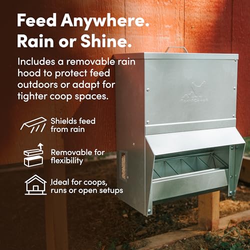 RentACoop 25lb Gravity-Fed Metal Trough Feeder with Lid & Rain Cover - size: 25LB Capacity