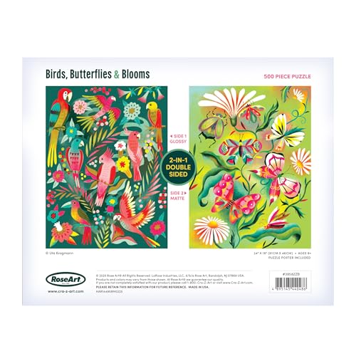 RoseArt - Birds, Butterflies & Blooms 500 Piece Double-Sided Jigsaw Puzzle – Matte & Glossy Sides– Nature Puzzle for Adults – 2-in-1 Puzzle with Poster