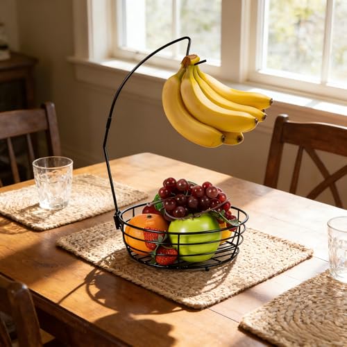Fruit Basket for Kitchen Counter - Fruit Bowl with Banana Hanger, Rust-Proof Metal Frutero Produce Fruit Holder for Kitchen