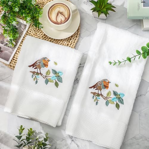 JarThenaAMCS 2Pcs Bird Hand Towels Branch Leaves Bird Embroidered Cotton Bathroom Towels Dish Towel with Ribbons for Drying Cleaning Cooking Gift, 29.5 x 13.7 Inch