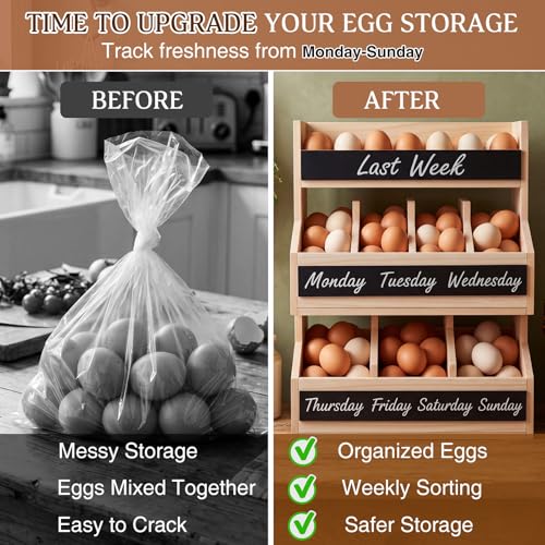 Leinuosen Wooden Egg Holder Countertop with 5 Dividers & DIY Freshness Labels to Separate, 3-tier Wood Egg Storage Basket Organizer, Large Farmhouse Kitchen Counter Display Rack