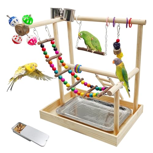 PINVNBY Bird Playground Parrot Playstand Play Gym Cockatiel Wood Bird Toys Birds Cage Accessories Playpen Ladder with Feeder Cups Hanging Swing Toys for Parakeet Conure Lovebird Cockatiel - size: Two Floors With Wooden Bridge