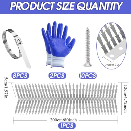 80 inches Bird deterrents for Outside and cat Spikes，Suitable for Pigeon Spike for Garden Fence Spikes and Wall,Barns Roof and Squirrel Guard Baffle with Steel Bird Spikes Stripes
