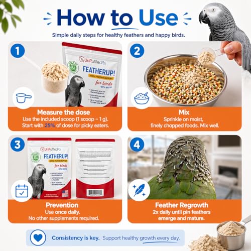 FeatherUp! Bird Molting Support & Feather Growth Supplement - for Plucking, Regrowth & Molt - Multivitamin & Amino Acids for All Birds - 90g (240 Servings)