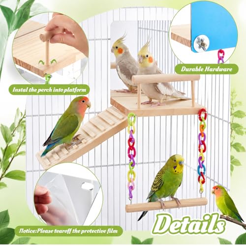 2 Pcs Bird Parakeet Toys, Bird Perch Platform Swing Mirror Ladder with 360° Spin Function, Hanging Parakeet Swing Birds Cage Accessories Toys for Cockatiel Lovebird Parrot
