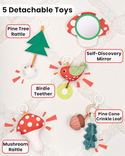 Thickened Baby Play Gym, Machine Washable Playmat | Extra Large Activity Mat, Tummy Time Mat with 5 Detachable Toys for Motor Skills, Non-Slip Bottom, For nursery, Mushroom