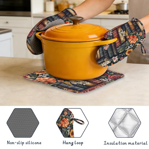 Retro Books Pot Holders and Oven Mitts,Vintage Flowers Oven Mitts Heat Resistant Cotton Lining Anti-Slip Silicone Kitchen Mitts Set Hot Pads for Microwaves Cooking Baking Grilling - color: Retro Books