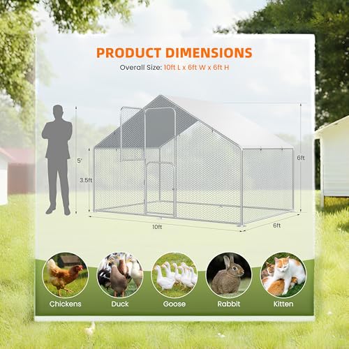 UDPATIO Large Metal Chicken Coop Walk in Run House Pen Galvanized Frame | Double Feed Door UV-Resistant Cover Outdoor Cage for Bird Duck Rabbit Hen 6-10 Silver M - size: 120.0"L x 72.0"W x 72.0"H