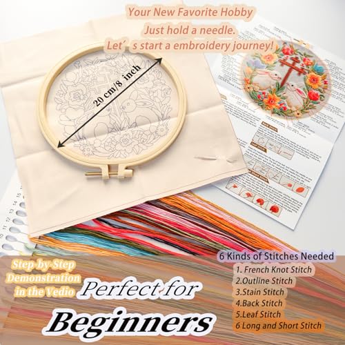 FONNUY Easter Rabbit Floral Cross Embroidery Kit, Easter Egg Happy Rabbits Bunny Stamped Pattern Kits for Audlt Beginners, Hand Works Crafts, 8 x 8'' (Happy Bunny 04) - color: Happy Bunny 04