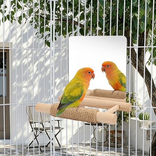 Litewoo 6.7" Bird Mirror for Cage Wooden Hanging Parrot Perch Swing Toy | Acrylic mirror with wooden stand, hemp rope for foot care, reduces bird loneliness, for parakeet/budgie/cockatiel/lovebird