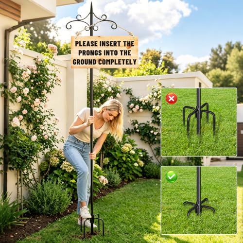 Double Shepherd Hook for Outdoor,72in Heavy Duty Bird Feeder Pole | 3/4” Steel Pole,5-Prong Stable Base,Adjustable Height,22lb Capacity,Perfect for Bird Feeder, Plant, Lantern,Rust Resistant