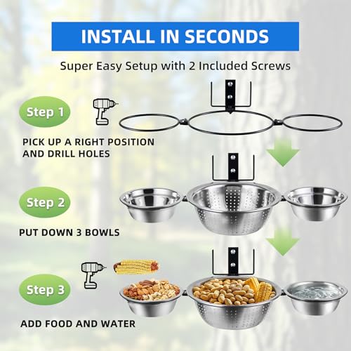 3-Hoop Squirrel/Bird Feeder, 2025 Cute Metal Bowl Outside Tree Mounted,1 x 8.5in Drainage Bowl+2 Corn Cob Spikes for Dry Food,2 x 5in Solid Bowls for Wet Food/Water, Perfect Squirrel Feeders for Yard - size: 3-Hoop - 19.5" Length