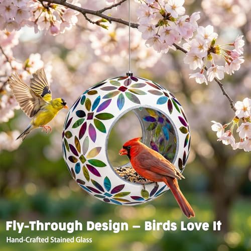 VCUTEKA Bird Feeder Fly Through Mosaic Hanging Birdfeeders for Garden Decor | 7 inch Mosaic Glass Bird Feeeder for Outdoors, Round Shape Glass Container to Attract Wild Birds for Backyard Porch Decor - color: White