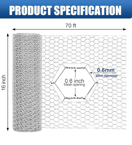 Chicken Wire,16"×70FT Chicken Wire Fencing Mesh for Garden Poultry Craft | Galvanized Chicken Wire, Sturdy Chicken Wire Roll Plant Protector,Rabbit Fence, Wire Fence Rolls for Craft Projects - size: 16*70ft