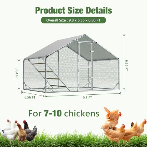 Sannwsg Large Chicken Coop, Metal Chicken Run, 10x6.5 FT Walk in Chicken Pen with Waterproof Cover, Secure Lock, Heavy Duty Poultry Cage with Feeding Door for Outdoor Farm Use - size: 118.0"L x 78.0"W x 79.0"H