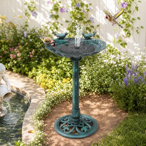 Athena Collection 31.5" Solar Powered Pedestal Bird Bath Fountain, Green | Detachable Solar Fountain Broad, 6 Spray Patterns, 5L Water Large Capacity，3 Ground Nails Included for Garden Yard Lawn - color: Green