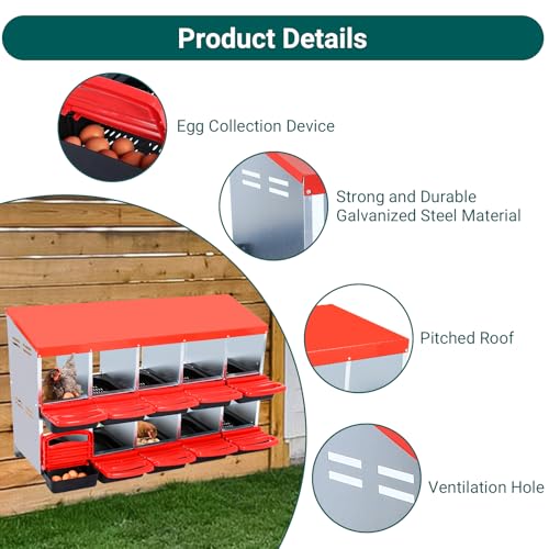 Garvee Chicken Nesting Boxes, 10 Hole Metal Chicken Laying Box with Removable Trays and Roll Out Egg Collection for Chicken Coop, Red - color: red, size: 10 Holes