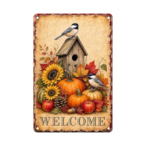 Thanksgiving Birdhouse Chickadee Sunflower Pumpkin Tin Sign Vintage Fall Wall Decor for Kitchen Dining Room Living Room Porch Entryway and Farmhouse Home Decor 12 * 8In - color: Vintage Thanksgiving Tin Sign 13, size: 20X30cm(12*8in)