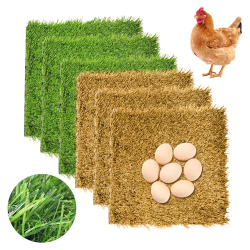 Hamiledyi 6 Pcs Chicken Nesting Pads Artificial Grass Rug Carpet Synthetic Turf Mat 12"x12" Washable Chicken Coop Bedding Laying Garden Lawn Indoor/Outdoor Bedding for Chicken Hen(Green and Brown) - size: 3pcs Green and 3pcs Brown