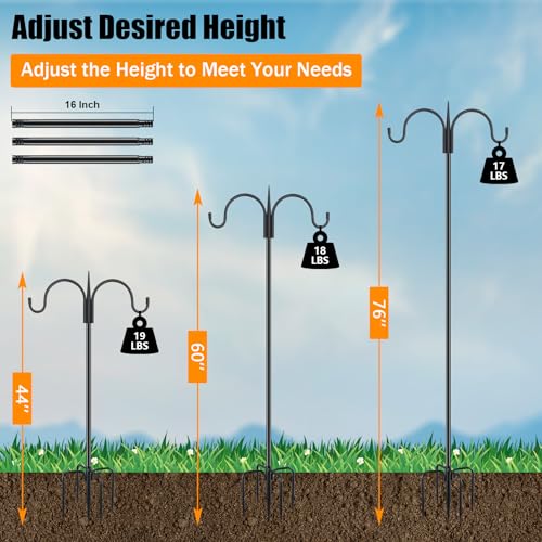 Heavy Duty Shepherds Hook 76" Double Hooks Adjustable (44/60/76") - Alloy Steel 5-Prong Base, 17lb Capacity - Easy Assembly Bird Feeder Pole for Hanging Planters, Lanterns, Wind Chimes - color: 1-Pack, size: 76" Double Hook