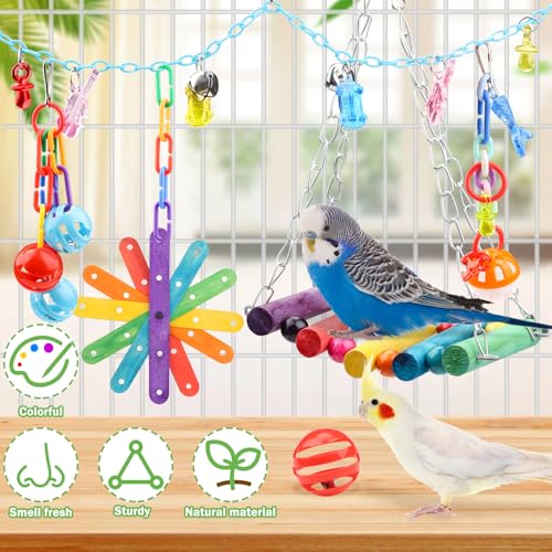 QUOZUO 9 Pcs Parakeet Cockatiel Bird Toys, Parrots Cage Accessories Swing Rope Hanging Wooden Perch Chewing Toy for Budgerigar, Parrot, Cockatiel