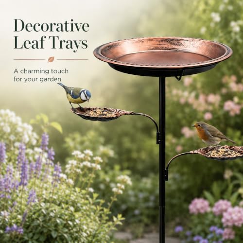 Outdoor Standing Bird Bath with 2 Feeder Bowls, 12 Inch Deep Basin for Wild Birds, Weatherproof Metal Birdbath with Upgraded 5-Prong Stake Base