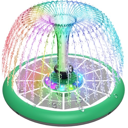 Solar Fountain UFO Style, 2026 Upgrade 5W Glass Solar Panel Bird Bath Fountain with LED Lights, 4000mAh Backup Battery, 7 Nozzles for for Garden, Pond, Pool, Patio Outdoor Water Feature - color: Green