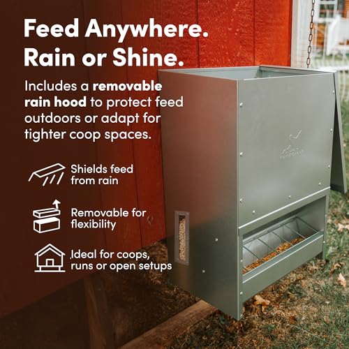 RentACoop 50lb Gravity-Fed Metal Trough Feeder with Lid & Rain Cover - size: 50LB Capacity