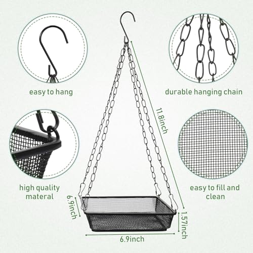 4 Pieces Hanging Bird Feeder Tray Platform Metal Mesh Feeder Seed Platform for Bird Feeding Outside Outdoors Wild House Hanging for Attracting Birds, Black(Square) - style: Square