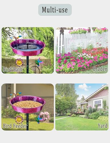 Pedestal Bird Bath for Outdoors - Metallic Purple & Blue 11.5” Metal Birdbath Bowl & Feeder Freestanding Garden Decor Yard Art (26” Tall, 0.7 Gallon)