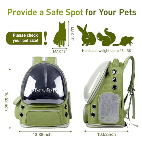 Cat Backpack Carrier with Large Space Bubble Window, Airline Approved Breathable Pet Carrier for Small Dogs Cats up to 15lbs, Foldable for Travel Hiking & Outdoor Use - color: Green