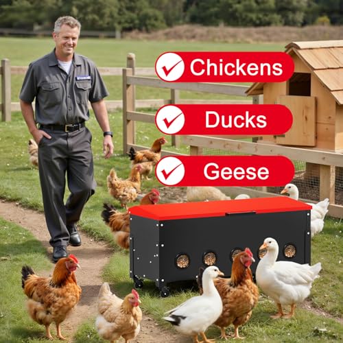 120lb Automatic Metal Chicken Feeder, Heavy Duty Gravity Chicken Feeder Box with Weatherproof Lid Brake Casters,Portable Chicken Feede No Waste Poultry Feeder for Ducks, Geese