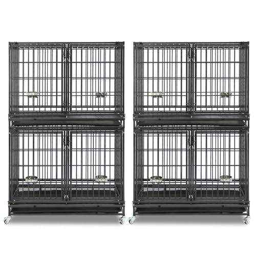 Homey Pet Taller 43" Two Tiers Dog Crate Cage Kennel with Divider, 2 Pack | Commercial Modular Dog Kennel with Dual Front Doors, Divider, Auto Locks, Removable Tray, Bowls for Small and Medium Dogs - size: 43"L - 2 Tiers - 2 Pack