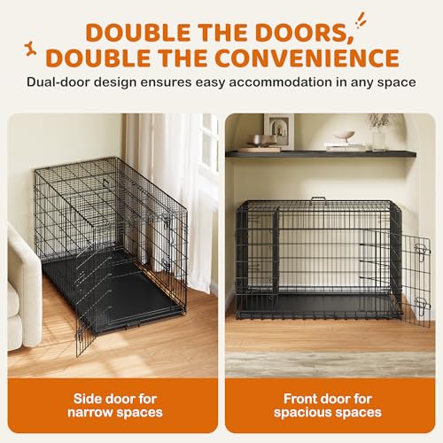 Yaheetech 48in Double Door Metal Dog Crate w/Divider for Puppy Indoor Use | Heavy-duty Sturdy Metal Frame, Easy Assemble, Fold Up for Travel, Removable Tray, Ideal for Puppies, Medium to Large Dogs - size: 48" L