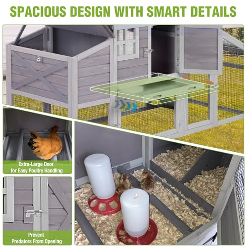 GUTINNEEN Chicken Coop with Wheels for 2-4 Chickens, Large Wooden Outdoor Hen House with Run, Waterproof & UV-Resistant Roof, Removable Leakproof Tray and Divided Nesting Box– Grey - color: (Grey-AIR32)