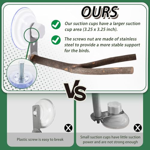 2 Pcs Natural Bird Perch Stand with Suction Cup Window Birds Perch for Window Mirror Car Shower Ceramic Tiles Bath Wood Training Perch, for Bird, Cockatoo, Macaw, Parakeet