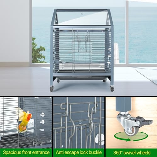 Acrylic Bird Cage, 25 inch Medium Parrot Cage for Parakeet Cockatiel Conure Lovebird, Panoramic View Bird Cage with Water Bottle Bird Feeder Perch Rolling Stand