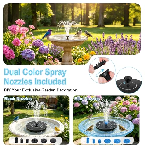 1.5W Solar Bird Bath Fountain Pump, Floating Solar Water Fountain with 6 Black Nozzles & 6 Blue Nozzles, No Battery Solar Powered Fountain for Outdoor Garden, Small Pond, Patio Bird Bath Decor - color: 6 Black + 6 Blue Nozzles