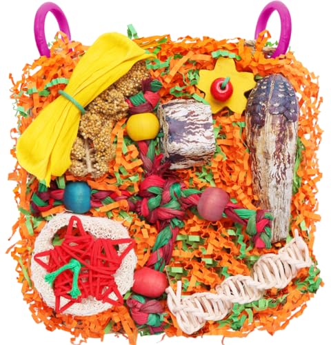 Bird Toys for Small & Medium Parrots - Natural Foraging & Shredding Cage Hanging Toys with Seagrass Mat, Starfruit, Loofah Slices for Budgies, Cockatiels, Lovebirds, Conures (1 PCS) - size: 1 PCS