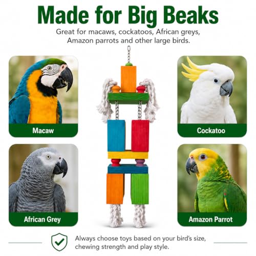 35.5" Extra Large Parrot Toys - Oversized Giant Wood Block Chew Foraging Toys for Macaws, African Grey, Amazon Parrots - Ready-to-Use Large Bird Cage Decor Gift - size: 35.5"