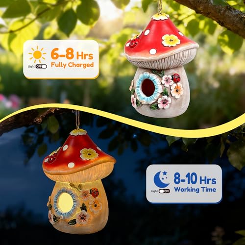Garden Bird Houses for Outside with Solar Light, Bird Houses for Outside Hanging, Decorative Mushrooms Birdhouse for Bluebird Hummingbird Sparrow, Hummingbird Gifts for Women