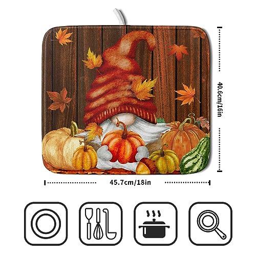 Fall Gnome Dish Drying Mat for Kitchen Counter,Autumn Pumpkin Maple Leaves Drying Mat 16 x 18 Inch Microfiber Dark Brown Wood Dish Drying Pad Dish Rack Drainer Mat Thanksgiving Day Decor - color: Gnome and Pumpkin230807, size: 16" x 18"