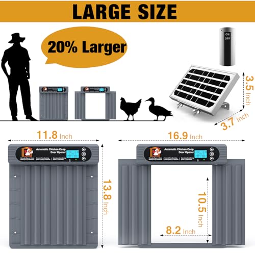 Automatic Chicken Coop Door, Extra Large Size, Anti-Pinch Design,Programmable Timer & Light Sensor Modes, Large LCD Display, Solar Powered Auto Chicken Door Opener with Remote Control（50-100m）