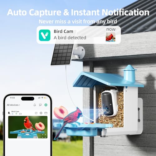 Bird Feeder with Camera for Outdoor, INKCKU 2K Solar Powered Bird Watching Camera, AI Identify Birds Species, Auto Capture Videos, Instant Arrival Alerts, Garden Decor, Gift for Mom Dad, Blue
